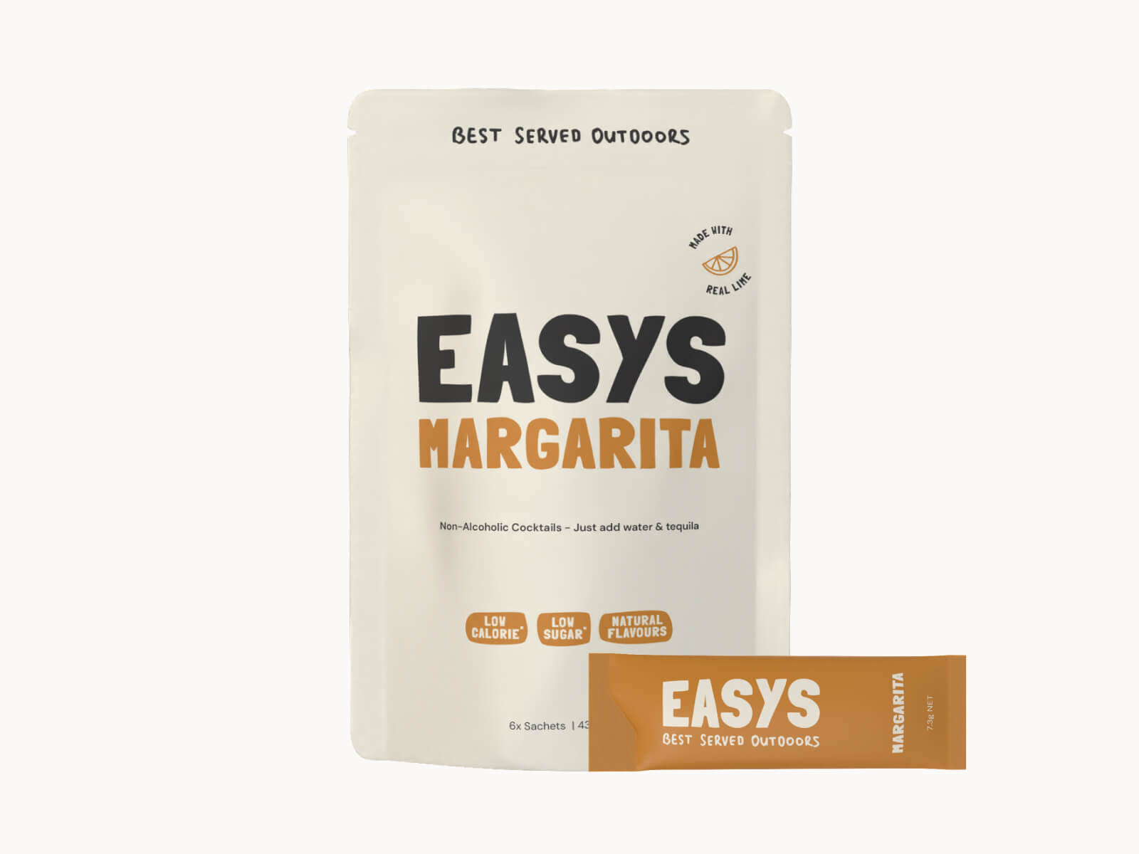 Easys Margarita 6-pack of powdered cocktail mix sachets, with a single sachet in front. Studio photo on a white background.