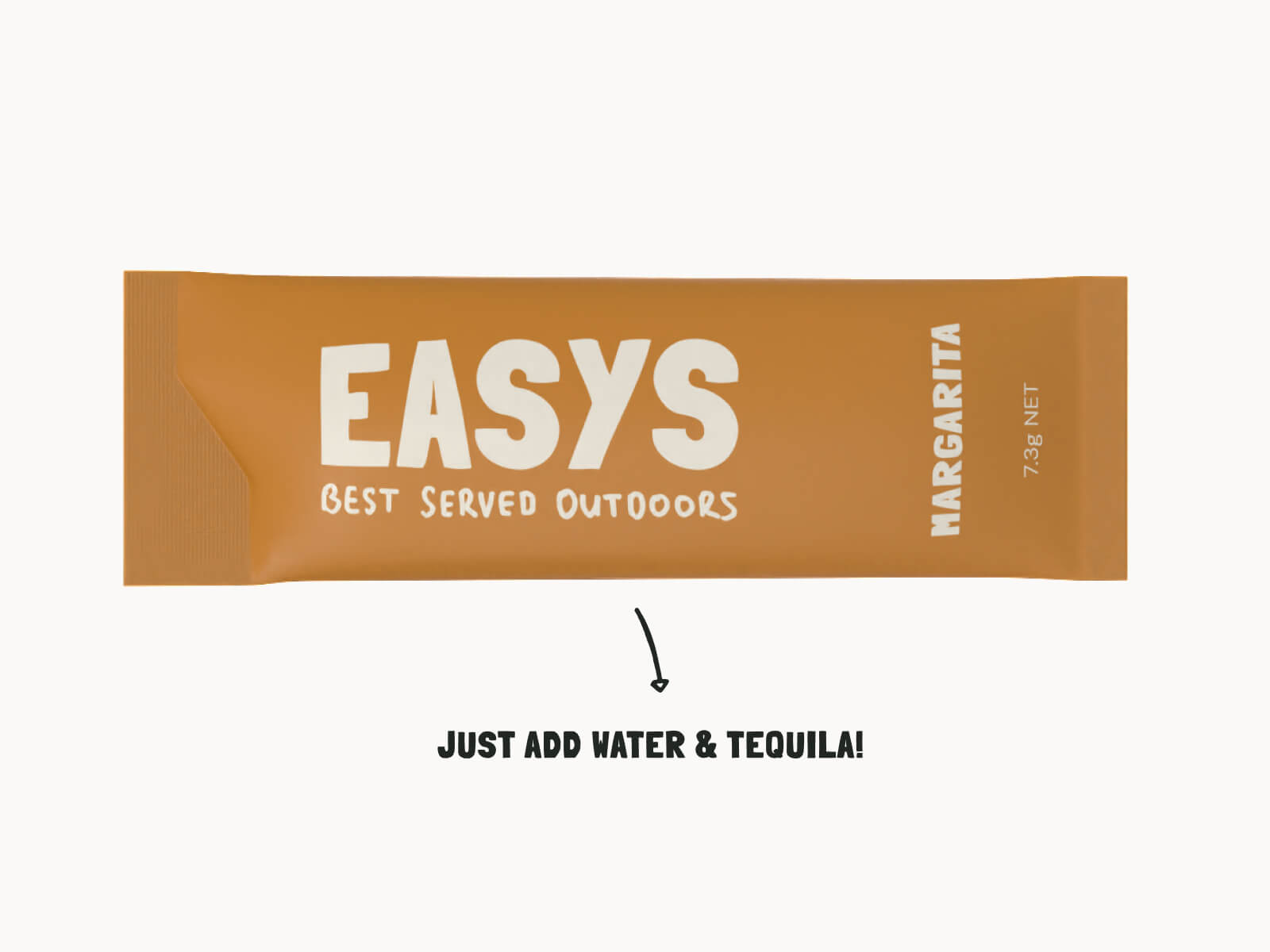 Single Easys Margarita powdered cocktail mix sachet, on it's side on a white background.