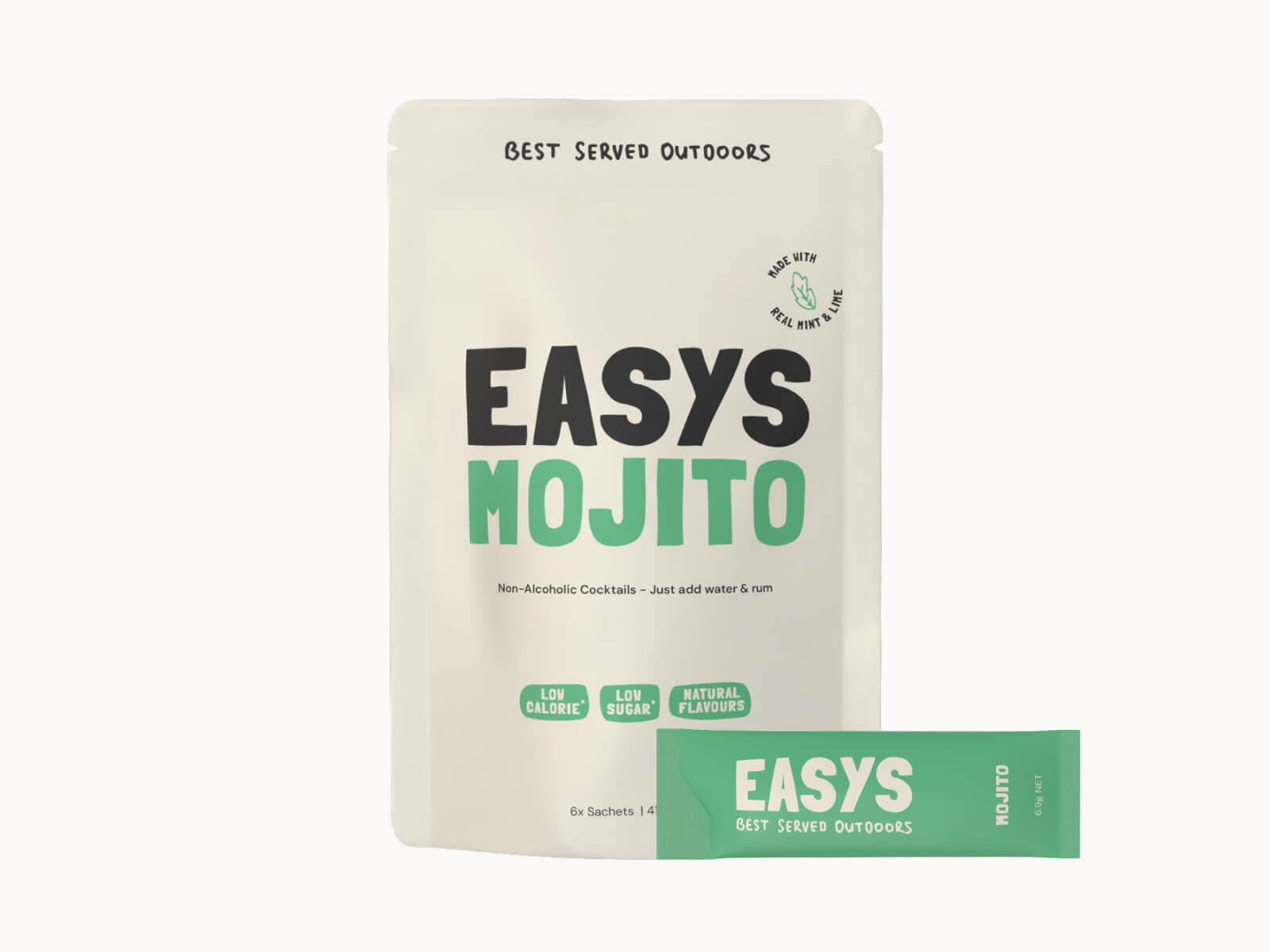 Easys Mojito 6-pack of powdered cocktail mix sachets, with a single sachet in front. Studio photo on a white background.