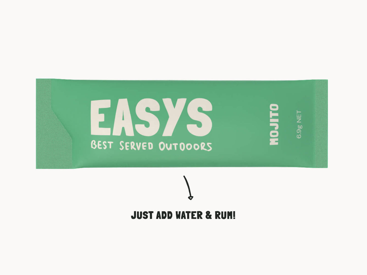 Single Easys Mojito powdered cocktail mix sachet, on it's side on a white background.