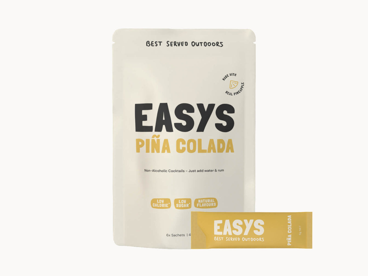 Easys Pina Colada 6-pack of powdered cocktail mix sachets, with a single sachet in front. Studio photo on a white background.