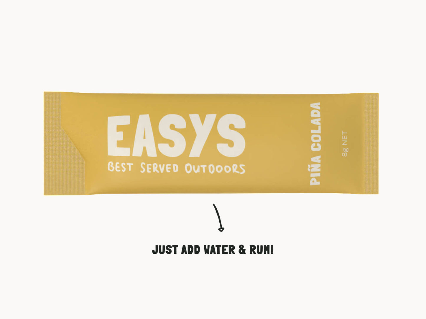 Single Easys Pina Colada powdered cocktail mix sachet, on it's side on a white background.