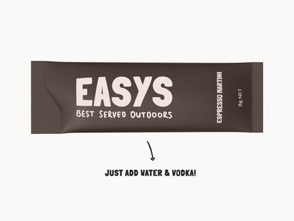 Single Easys Espresso Martini powdered cocktail mix sachet, on it's side on a white background. 